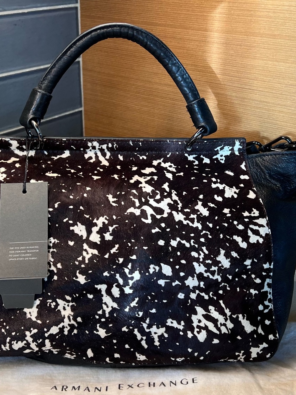 Armani Exchange Satchel in Brown and White Fur Cowhide Leather w/shoulder belt